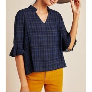 Anthropologie Dolan Left Coast Top Womens Small Tandy Ruffle Plaid Blue Boho